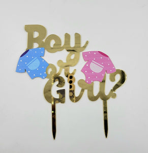 CAKE TOPPER "BOY OR GIRL" GOLD/BLUE/PINK 1PC.